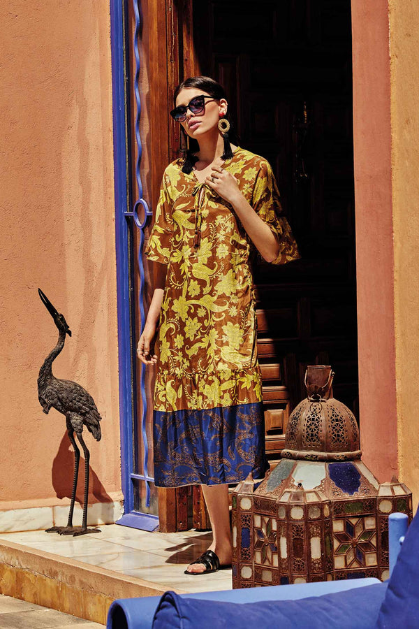 VESTIDO LARGO CON FLECOS JAQUARD