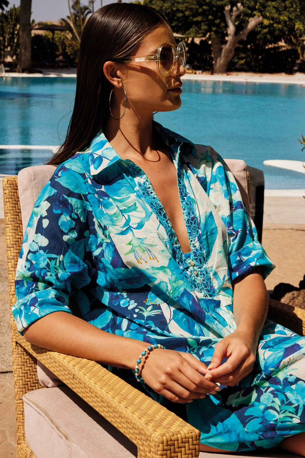 VESTIDO CAMISA FLORES TURQUESAS